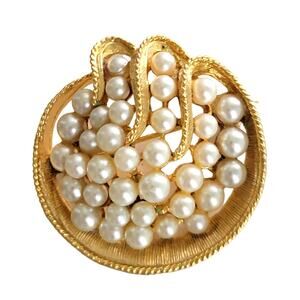 Vintage ART Arthur Pepper Brooch Gold Tone Round Faux Pearl Signed Rope Trim
